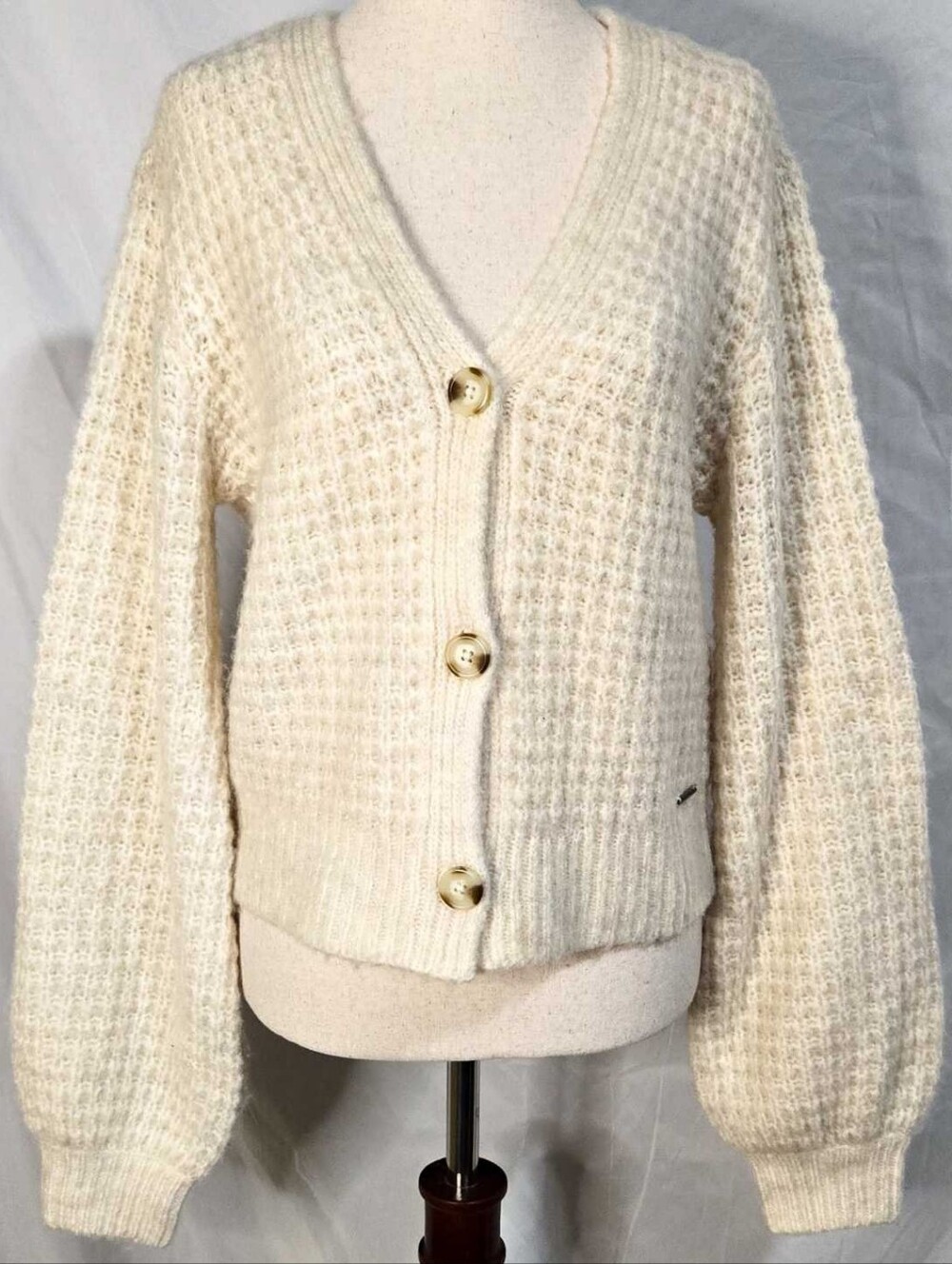 Abercrombie & Fitch Cardigan Cream Chunky Knit V Neck Boho Balloon Sleeve